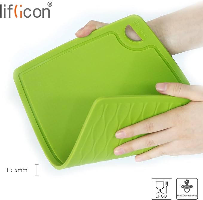 Liflicon Thick Cutting Boards for Kitchen Silicone Chopping Board Set of 2 Mid 12.6'' x 9.1”,Mini 9.1”x7.1” Non-slip Deep Drip Juice Groove Easy Grip Handle,Dishwasher Safe-Green