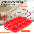 CAKETIME Silicone Muffin Pan, Metal Reinforced Frame Silicone Cupcake Pan Regular Size 12 Cups Nonstick Muffin Tins for Baking Easy to Move 2 Pack Red