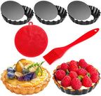 4 Pack 4 Inch Mini Tart Pans with Removable Bottom, Nonstick Quiche Pan Round, Mini Pie Pans with Oil Brush&Silicone Scrubber, Heavy Duty Fluted Side for Pies, Mousse Cakes, Dessert Baking