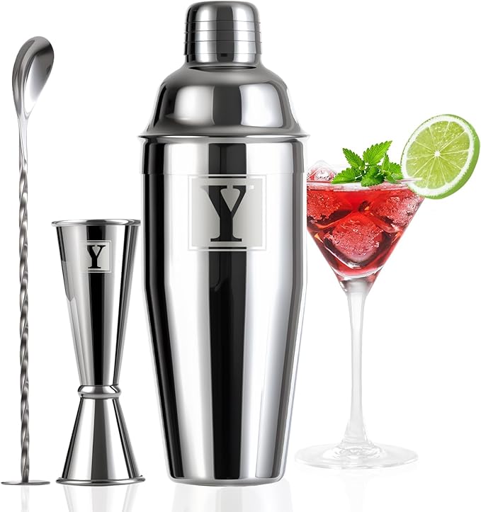 24oz Cocktail Shaker Set with 1 oz 2oz Jigger - Monogramm Initials Martini Shaker Set - 304 Stainless Steel Bar Shaker for Margarita,Mojito-Personalized Gift for Friend,Husband-Y