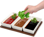 Elsjoy 3-Section Serving Tray, Wood Divided Serving Dish with Ceramic Bowls, 3-Compartment Food Platter Dipping Tray for Appetizer, Fruits, Bread