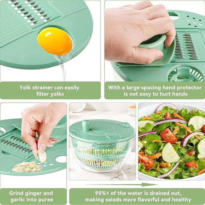Salad Spinner Chopper Large with 5 Blades Slicer, Vegetables Fruits Wash Bowl, Lettuce Spinner and Dryer, Egg Yolk Strainer Slicer Shredder for Kitchen Colander, 5.3 Qt, Green
