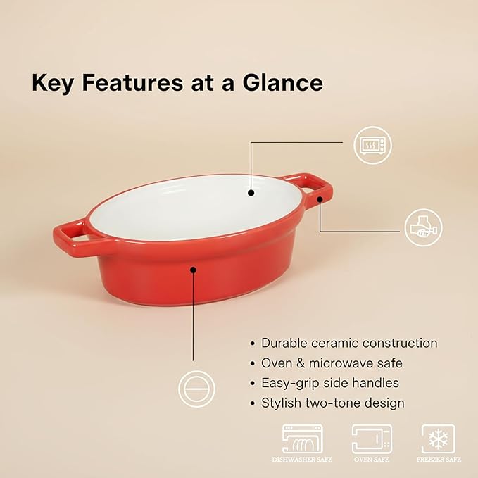Ceramic Casseroles Dishes 6" x 5", Lug Soup Bowl for Cooking and Au Gratin Baking, Set of 4, Heat Resistant Oval French Onion Soup Bowl, Small Casserole dish, Microwave and Oven Safe, Red