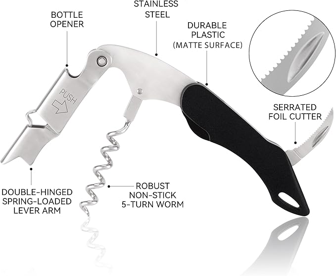 Wine Key - Heavy Duty Waiter Corkscrew, Premium 420 Stainless Steel Compact Wine Opener with Double Hinged, Foil Cutter and Bottle Opener, Gifts for Servers, Sommelier, Bartenders - Black