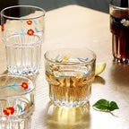 Set of 2 Floral Drinking Glasses Flower Glass Coffee Cups Cute Daisy Glass Cups for Juice,Iced Coffee,Tea,Latte,Dessert,Milk,Stackable Glassware Drinkware Set ﻿(blue1)