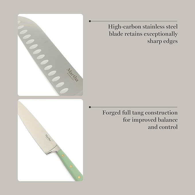Martha Stewart 16-Piece Lockton High Carbon Stainless Steel Knife Block Set - Forged Full Tang Chef Knives, Acacia Wood Block, Triple Riveted Handles, Sage Green & Gold