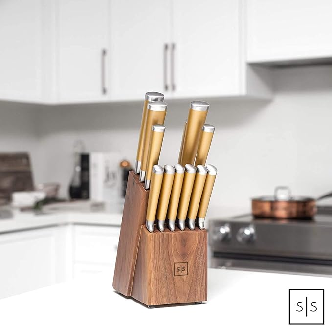 Gold Knife Set with Walnut Block – 13-Piece Full Tang Stainless Steel Kitchen Knives – Durable Gold Kitchen Accessories for Cooking and Food Prep