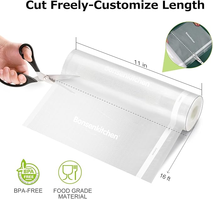 Bonsenkitchen 6 Rolls 11" x 16' Vacuum Sealer Bags for Food with a Color Box, Easy to Store, Commercial Grade, BPA Free, Great for Food Storage or Sous Vide, VB21
