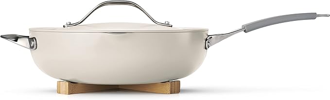 Tramontina All-in-One Plus Pan Set, 5-Quart Ceramic Non Stick Cooking Pan with Lid, Steamer Insert, Bamboo Utensil and Trivet, White