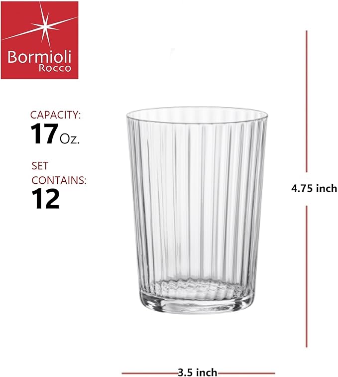 Bormioli Rocco Exclusiva Gin Fizz Glasses, Set of 12-17 Oz. Ribbed Drink Tumblers Made of Star Crystal Glass with XLT Treatment - Durable Cocktail Glasses for Daily Use, Dishwasher Safe