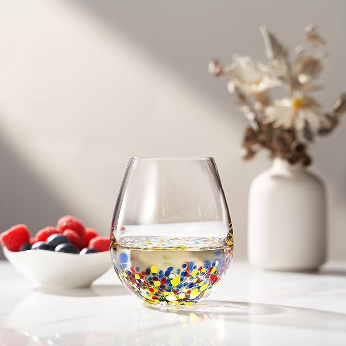 Large Stemless Wine Glasses – Set of 2-14oz Luxury Hand Blown Confetti Margaritas, Martini, Cocktails, Water, Wine, Dessert & Champagne Glasses Cinco de Mayo, Hand Blown - Mexican Confetti Glass