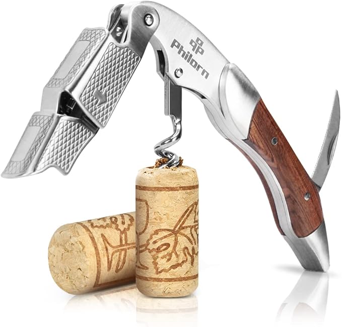 Philorn Wine Opener-Professional Corkscrew Wine Opener with Foil Cutter & Cap Remover, Manual Wine Key for Servers, Bartenders, Waiters & Home Use, Rosewood Handle Wine Bottle Opener