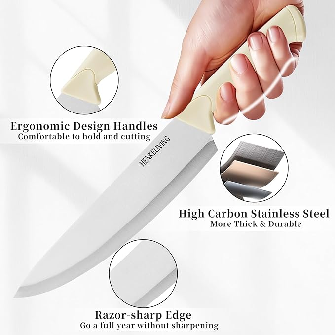 Knife Set, 6-Piece Kitchen Knife Set, German High Carbon Stainless Steel, Durable & Easy Clean Knife Block, Cream