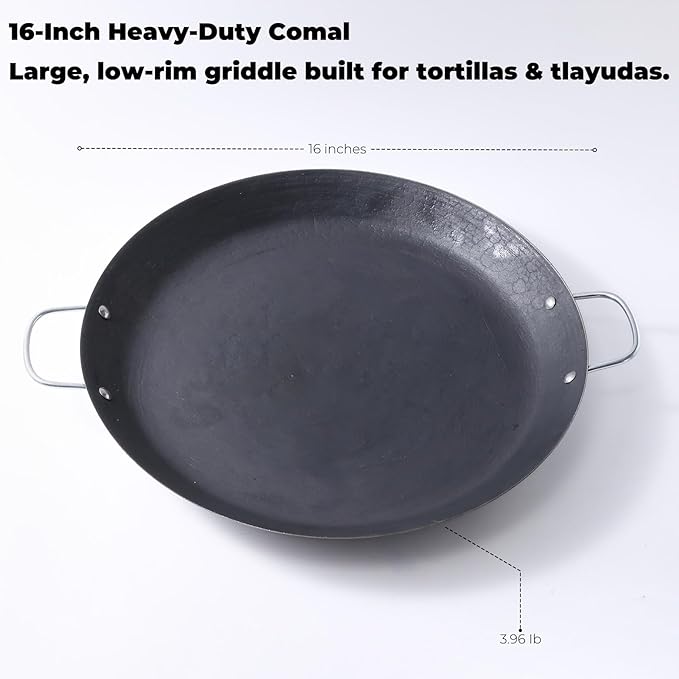 16 Inch Cast Iron Comal Redondo para Tortillas Grande – Large Round Heavy-Duty Griddle Pan with Dual Handles for Mexican Cooking, Quesadillas, Tlayudas, and Outdoor Grill Use