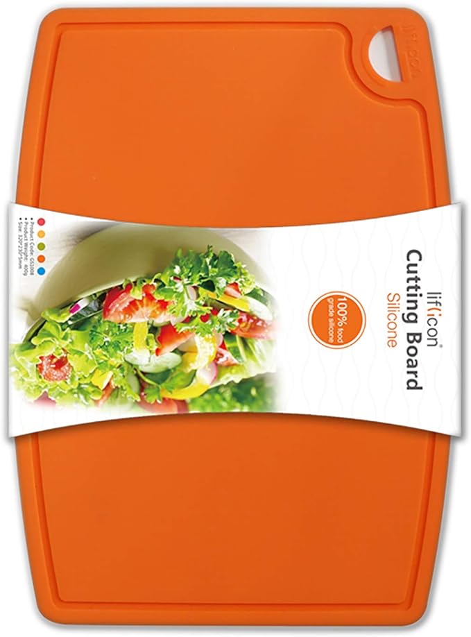 Liflicon Thick Silicone Cutting Board 12.6'' x 9.1'' Juice Grooves Easy Grip Handle Dishwasher Safe-Orange