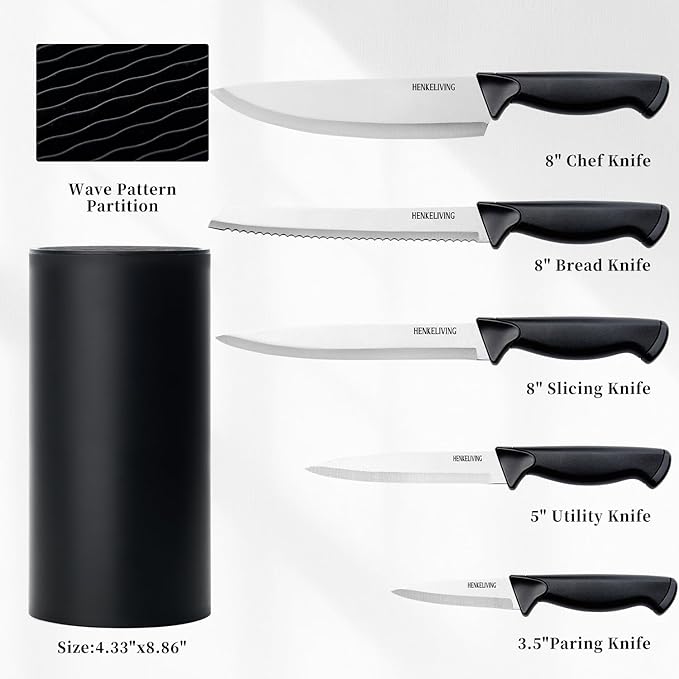 Knife Set, 6-Piece Kitchen Knife Set, German High Carbon Stainless Steel, Durable & Easy Clean Knife Block, Black