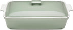 ROSSALLINI Stoneware Casserole Dish Bakeware Set with Lid, Covered Rectangular Dinnerware, Extra Large 4.23 Quart, 13 by 9 Inch, Verde Salvia [Sage Green]