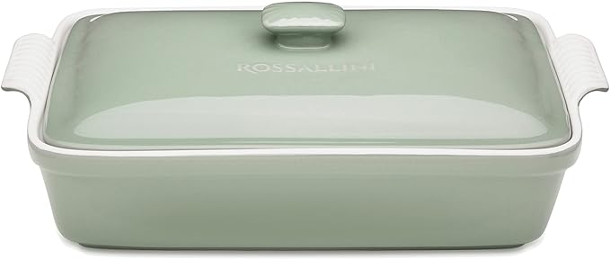 ROSSALLINI Stoneware Casserole Dish Bakeware Set with Lid, Covered Rectangular Dinnerware, Extra Large 4.23 Quart, 13 by 9 Inch, Verde Salvia [Sage Green]