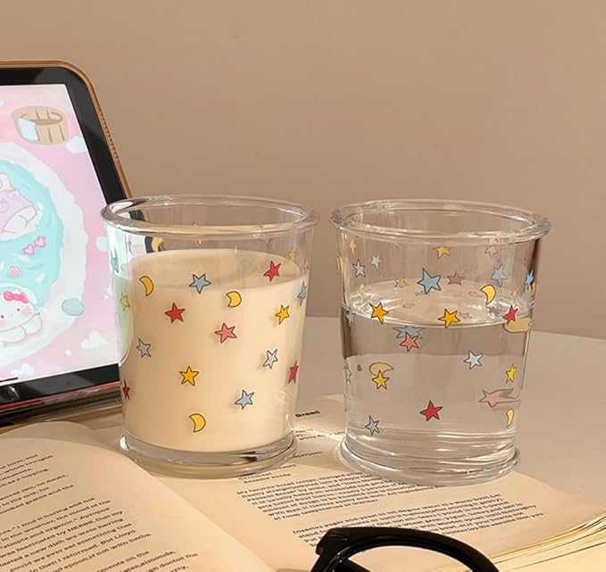 Set of 2 12 OZ Cute Drinking Glasses Star Moon Glass Coffee Cup Colorful Glass Cups for Iced Tea,Juice,Coffee,Milk,Dessert,Stackable Glassware Drinkware Set (colorful)