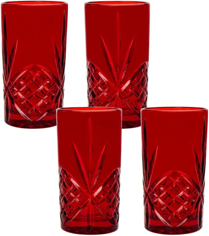 Godinger Dublin Highball Glasses, Drinking Glasses, Holiday Decor, Christmas Decorations, Red - Set of 4