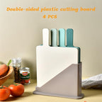 Plastic Cutting Boards for Kitchen, 4-Pieces Cutting Board With Food Icons And Storage Stand, Easy Grip Handle, Professional Chopping Board Set for Meat, Veggies, Fruits（12.9"X 9.4" X 3.1")