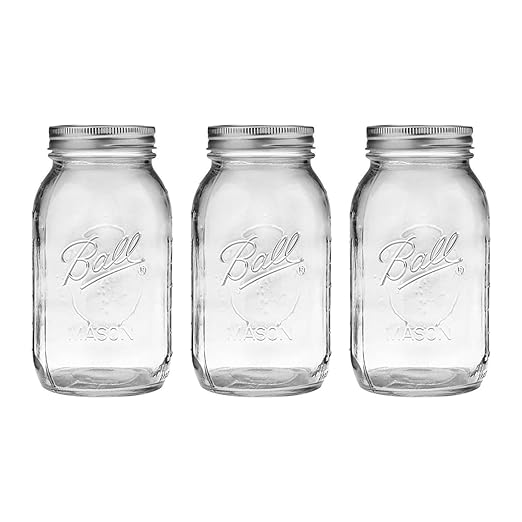 Ball Regular Mouth Glass Mason Jars with Lids and Bands, Used for Canning, Pickling, Juice, Jam, Jelly, Quart Size 32 Ounce (Pack of 3)