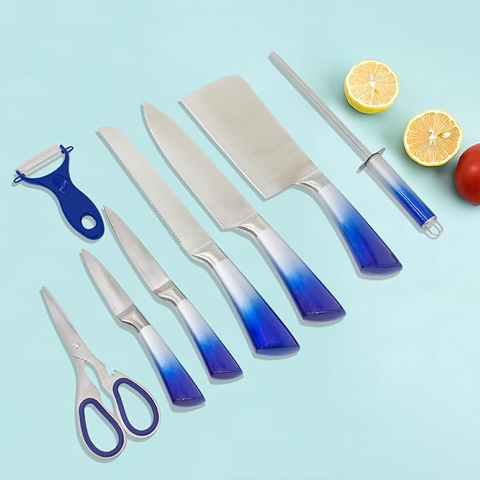 Kitchen Knife Set, 9-Piece Blue Professional Kitchen Knives Set with Acrylic Block, Non Stick Sharp Stainless Steel Chef Knife Set with Sharpener for Cutting Kitchen Gifts for Women