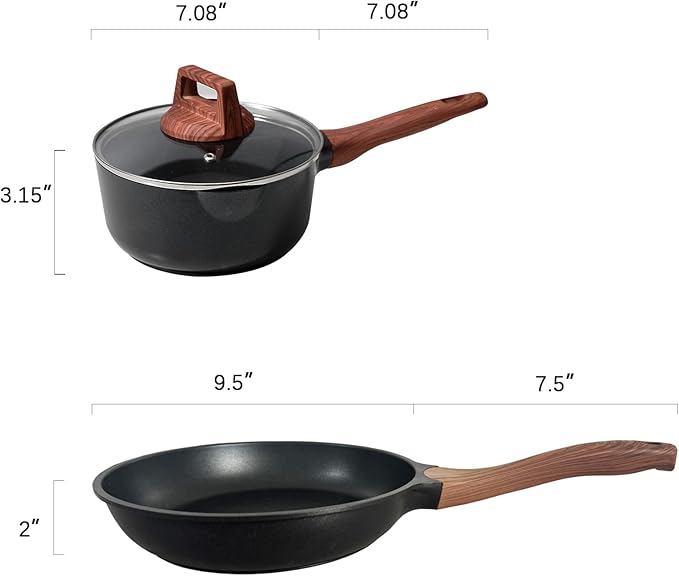 3-Piece Granite Non-Stick Cookware Set - 9.5" Frying Pan, Skillet, 7" Sauce Pot with Lid - PFOA Free