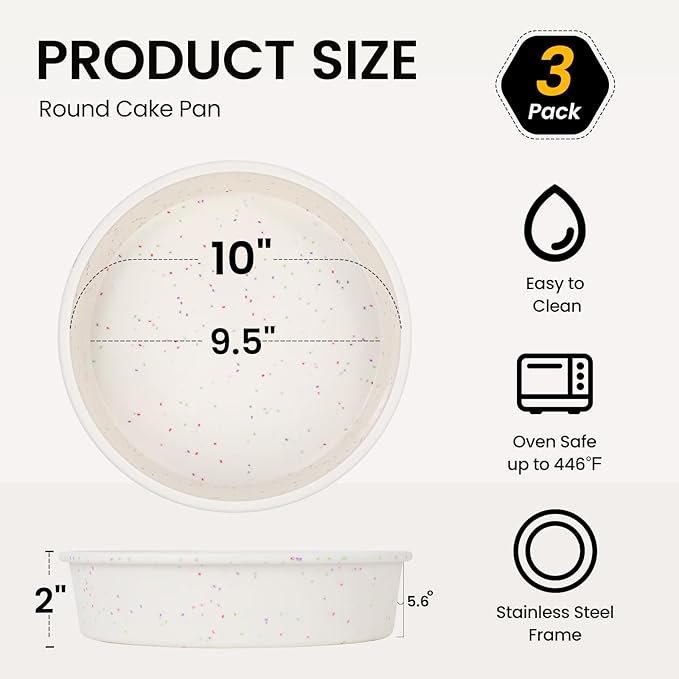 Vinino 10 Inch Silicone Round Cake Pan with Metal Reinforced Frame Set of 3, Nonstick Silicone Springform Pan for Baking Suitable for Making Layers, Cheese & Chocolate Cakes