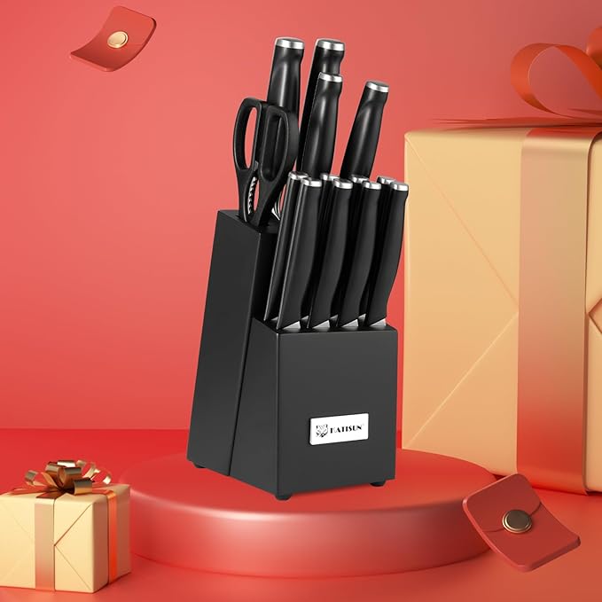 15-Piece Kitchen Knife Set with Block, ABS Ergonomic Handle for Chef Knife Set and Serrated Steak Knives Knife Sharpener and Kitchen Shears, Dishwasher Safe, Black Block