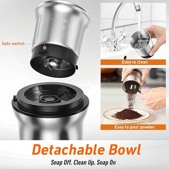 Secura Electric Coffee Grinder and Spice Grinder with 1 Stainless Steel Blades Removable Bowl
