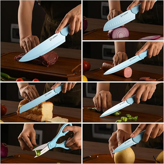 Kitchen Knife Set with Guards, 13 Piece Blue Non-Stick High Carbon Stainless Steel Boxed Knives Set, Anti-Rust and Dishwasher Safe, 6 Knives with 6 Blade Covers and Kitchen Shears