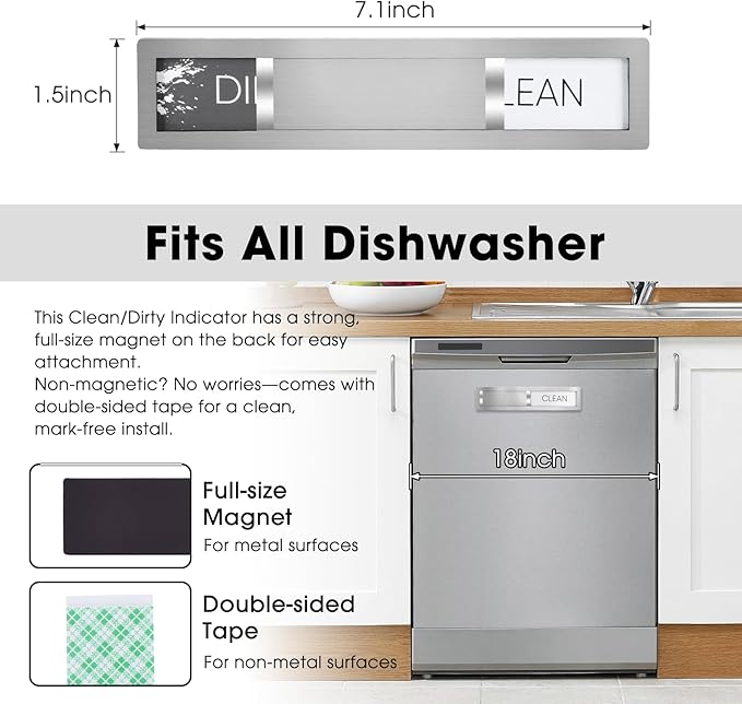 Clean Dirty Magnet for Dishwasher, Premium Stainless Steel, Dirty/Clean Speckled Design, Durable Magnet & Clear Indicators with Extra Tape (Silvery-Gray-01)