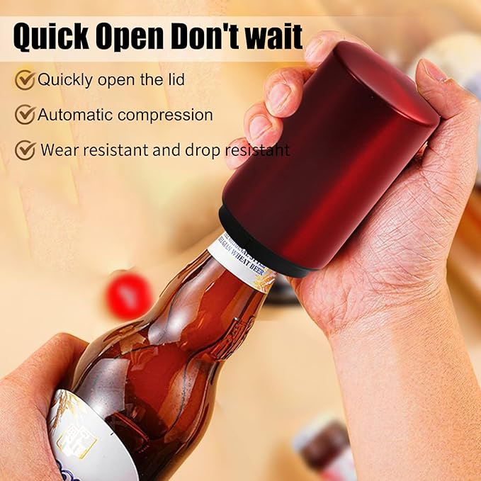Automatic Bottle Opener Magnetic Stainless Steel Push Down Opener Destapadores de Cerveza, Down-Pop Off Beer Bottle Opener with Magnetic Cap Catcher, Home Bars Kitchen Cool Bartender Tools（red）