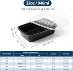 TIYA Food Containers - 32 oz Bulk 150 Pack with Lids - Rectangular Plastic To-Go Containers - Reusable, Microwavable, Dishwasher Safe - Leak-Proof for Meal Prep - BPA-Free