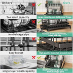 XLMYS Dish Drying Rack, 2 Tier Large Dish Drying Rack for Kitchen Counter with Drainboard Stainless Steel Dish Drainer for Dish/Knifes/Cup/Cutting Board, Black