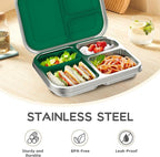 BOSEDSANG Stainless Steel Kids Leak-Resistant Bento Lunch Box, 3-Compartments with Silicone Container, Dishwasher-Safe, Child-Friendly Design for School, Picnics & Travel,BPA-Free (Green)