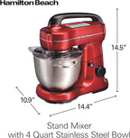 Hamilton Beach Electric Stand Mixer, 4 Quarts, Dough Hook, Flat Beater Attachments, Splash Guard, 7 Speeds with Whisk, Easy-Carry Top Handle, Red