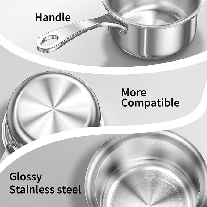 Macevia Mini Sauce Pan with Lid,Stainless Steel Butter Warmer Small Pot, For All Stoves Multipurpose Use for Home Kitchen or Restaurant - Silver