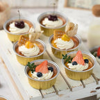 100Pcs 2-Layers Aluminium Foil Cups with Lids, Golden 5oz Disposable Baking Molds, Chocolate Tarts, Muffin Cupcake Cheesecake Liners Pudding Milk Jelly Containers for Christmas Party