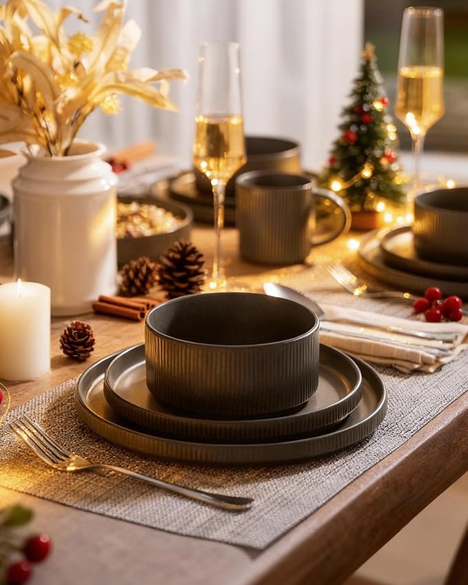 Famiware Star Dinnerware Set with Pasta Bowls, Service for 4 (16pcs), Ribbed Stoneware Plates and Double Bowls Dishes Sets - Chip & Scratch Resistant, Microwave & Dishwasher Safe, Matte Dark Charcoal