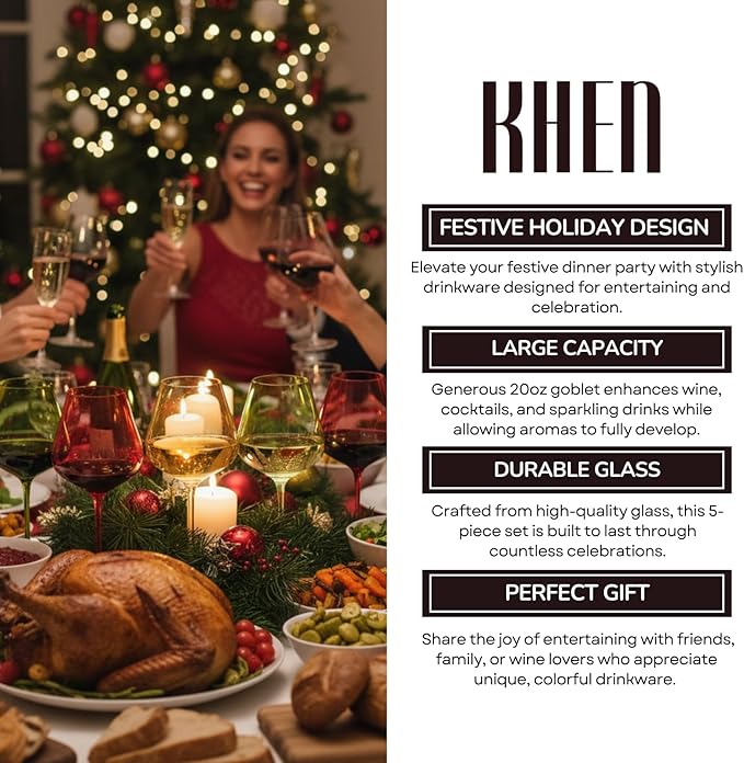 Khen Festive & Holiday Colored Wine Glasses Set of 5 In Luxurious Gift Box – 20oz Stemmed Goblets, Thanksgiving Dinner, Entertaining – Wedding Red, Green & Gold Glassware for Party Celebrations