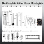 25-Piece Cocktail Shaker Set, Stainless Steel Bartender Kit with Acrylic Stand & Cocktail Recipes Booklet, Professional Bar Tools for Drink Mixing, Home, Bar, Party (Include 4 Whiskey Stones)
