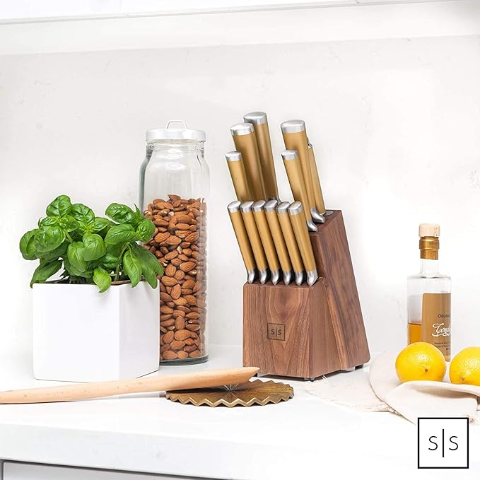 Gold Knife Set with Walnut Block – 13-Piece Full Tang Stainless Steel Kitchen Knives – Durable Gold Kitchen Accessories for Cooking and Food Prep