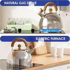 4.2 Quart Tea Kettle Stovetop Whistling for Stove Top Food Grade Stainless Steel Tea Kettles with Cool Wood Pattern Handle, Handle Silver