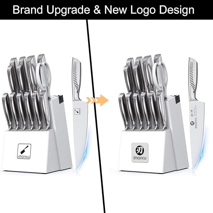 imarku® Knife Set, Japanese HC Stainless Steel 15 PCS Kitchen Knife Set With Block With Built-in Sharpener, Razor-Sharp Blade Knife Block Set With Dotted Ergomomic Handle, Best Birthday Gifts, White