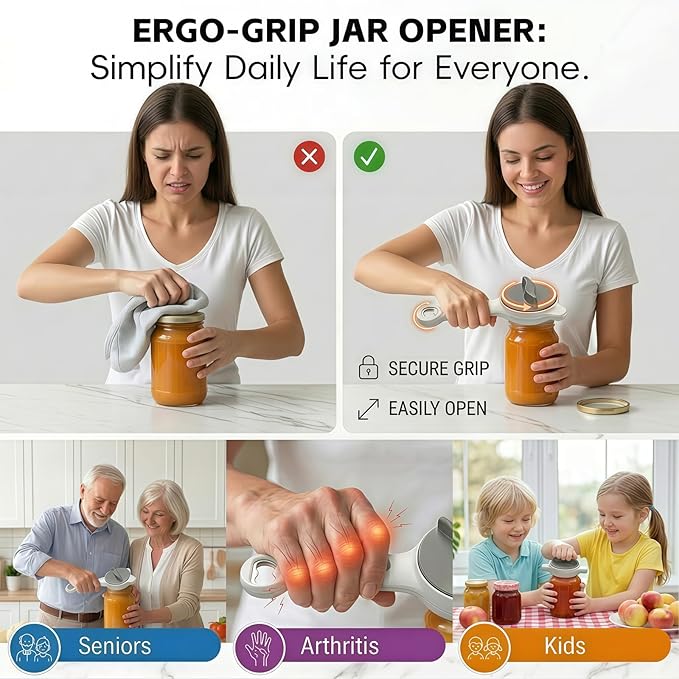 4-in-1 Adjustable Jar Opener for Weak Hands & Seniors — Ergonomic Non-Slip Handle, Multi-Size Lid Remover for Mason Jars, Bottles & Cans (Beige)