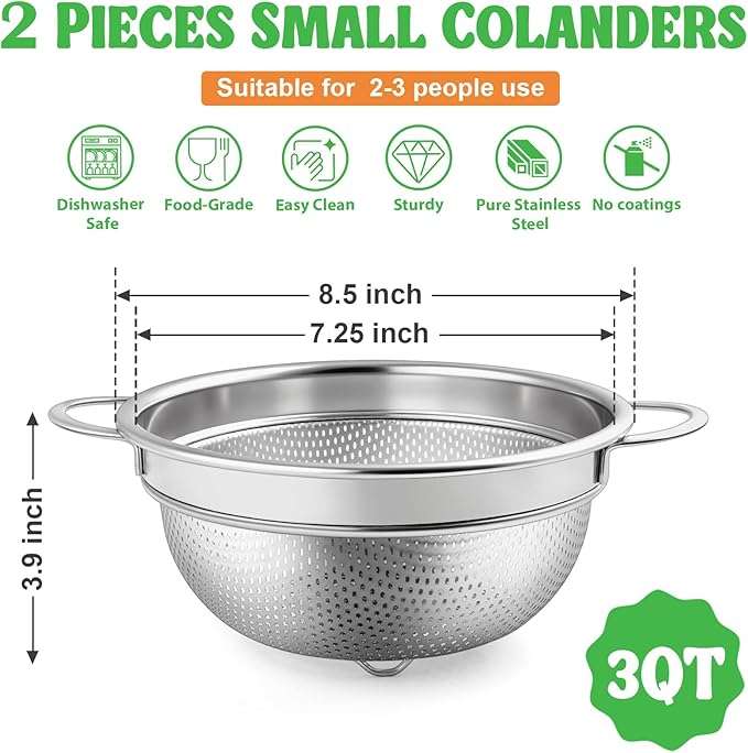 P&P CHEF Colander Strainer Stainless Steel 3 Quart, Metal Micro-Perforated Colander for Kitchen Food, Ideal for Rinsing Washing Draining, Dishwasher Safe, Shiny Silver, 2PCS