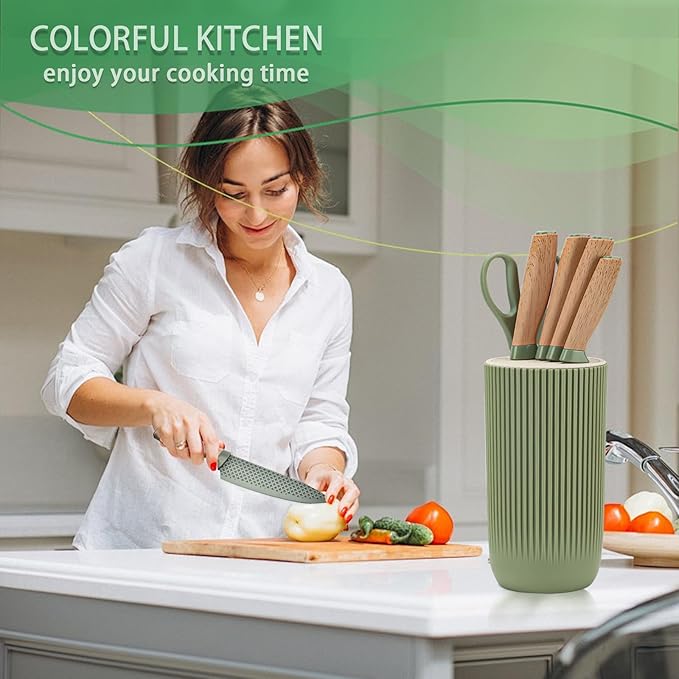 Green Knife Set, 6 Pieces Professional Kitchen Knife Set with Universal Knife Block, Super Sharp Knife Set with Ergonomic Handle Non-stick Stainless Steel Knife Block Set (Green)