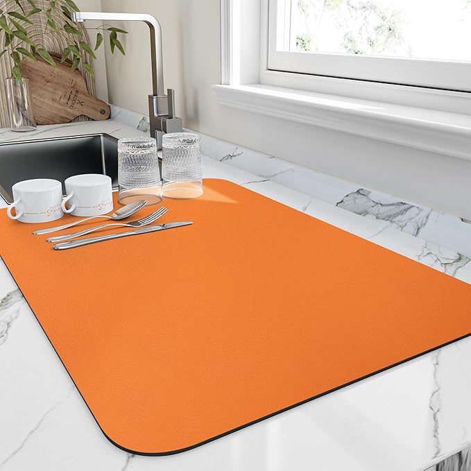 HotLive Dish Drying Mat for Kitchen Counter, Heat Resistant Drainer Mats with Non-slip Rubber Backed, Hide Stain Kitchen Super Absorbent Draining Mat, Easy to Clean Dish Rack Pad, Orange 18"x32"